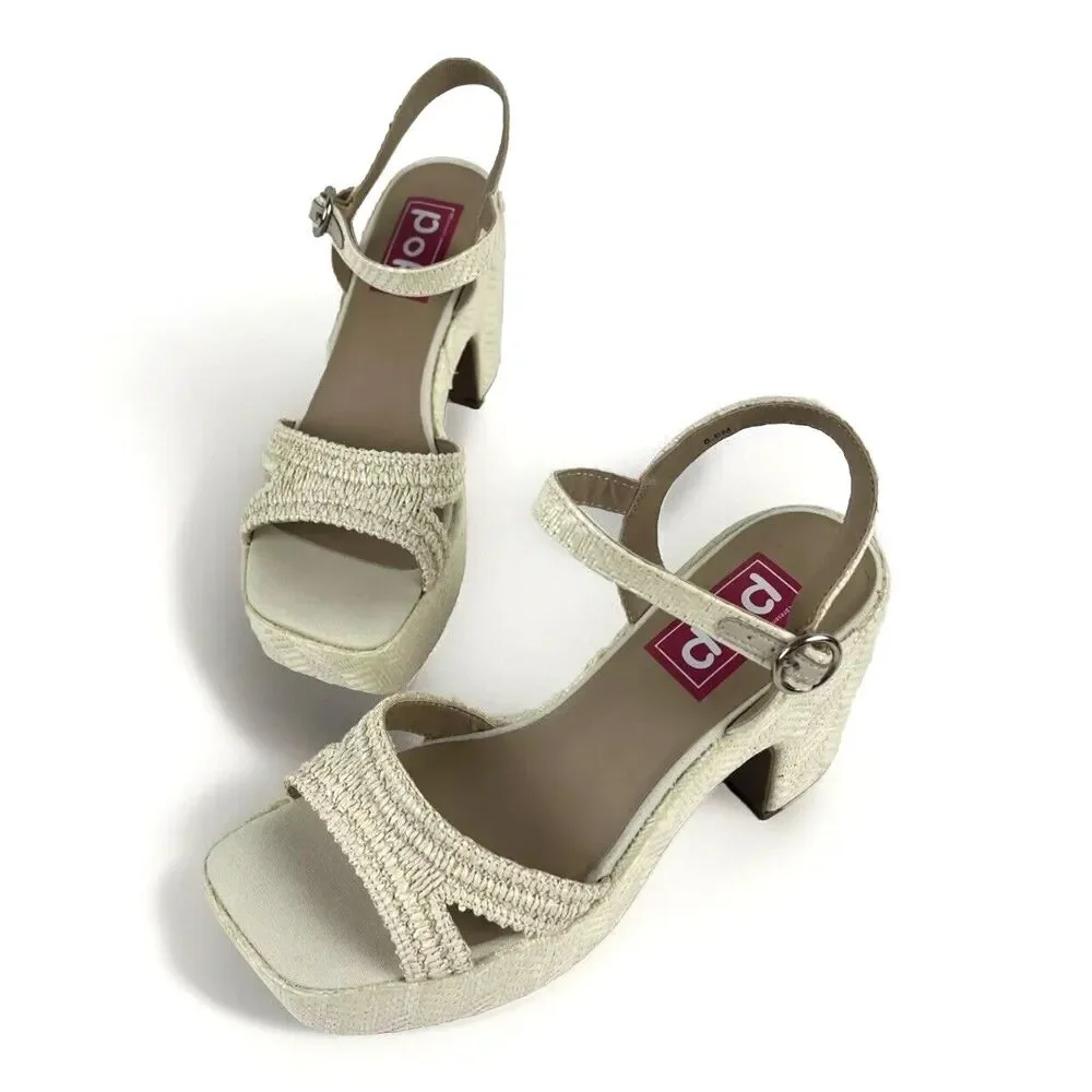 Natural Womens Chunky Platform Heels Sandals white open Toe Ankle Strap SZ 8.5